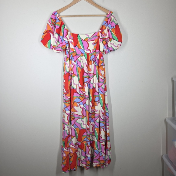 Storia Multicolor Babydoll Empire Waist Puff Sleeve Flounce Hem Midi Dress Small - Picture 1 of 9